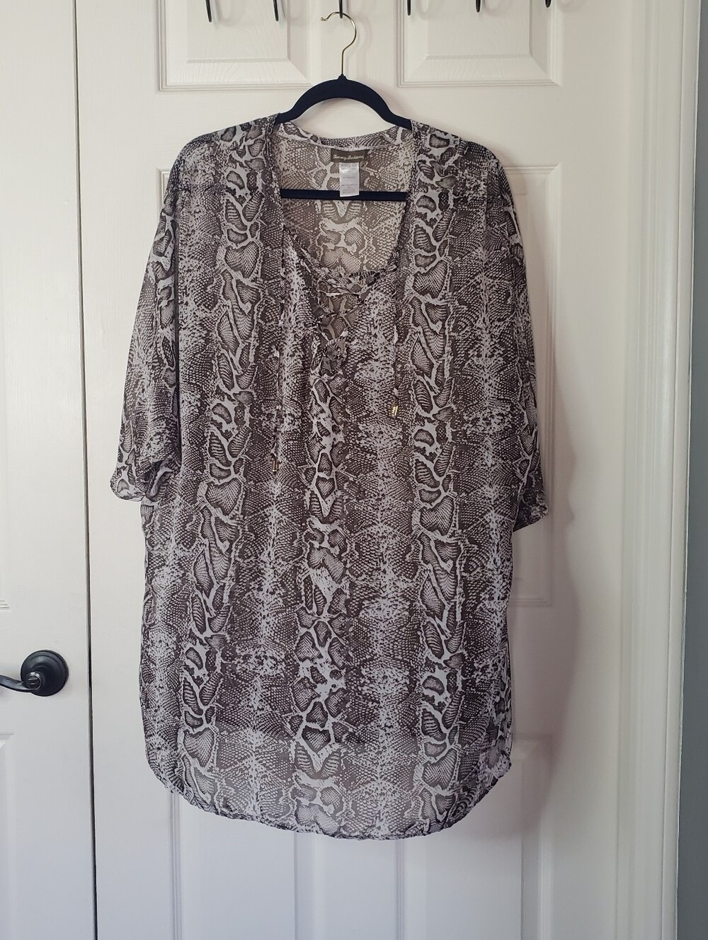 Tommy Bahama Snake Print Sheer Swim Cover-Up Lace-up Neckline Dolman Pullover M